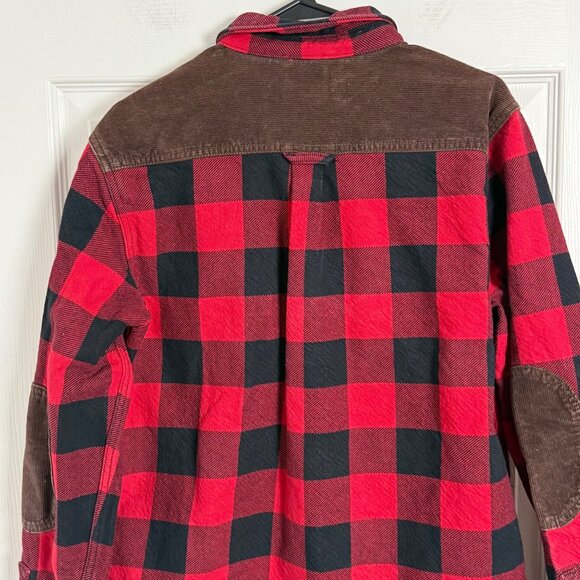 Vans Jacket Mens Medium Red Black Plaid Button Up Corduroy Patches Elbow Pads - Picture 5 of 8